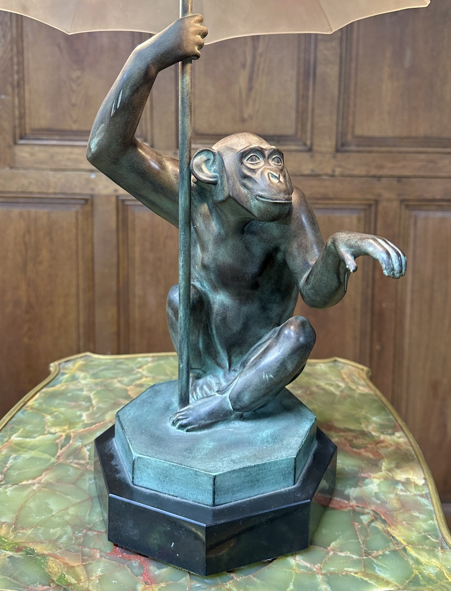 Max Le Verrier - "the Rain", Monkey Lamp In Spelter With Green Patina. Art Deco Period -photo-4
