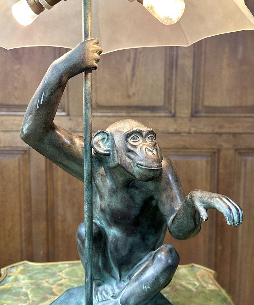 Max Le Verrier - "the Rain", Monkey Lamp In Spelter With Green Patina. Art Deco Period -photo-1