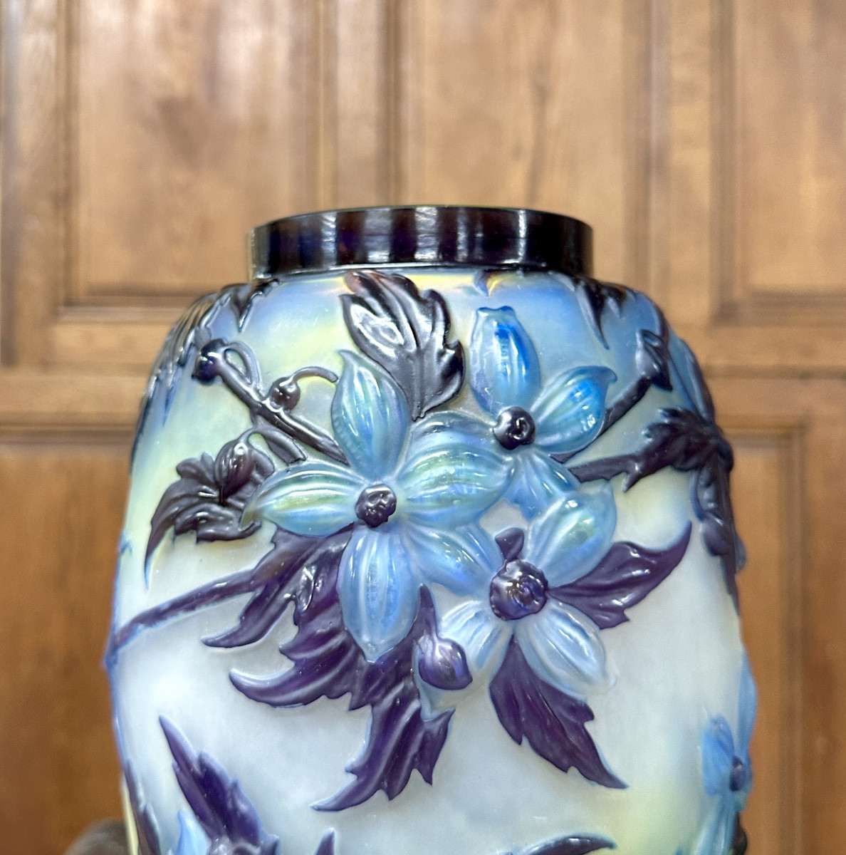Emile Gallé - Rare Blown Molded Vase With Blue Clematis, Art Nouveau Glass Pate-photo-2