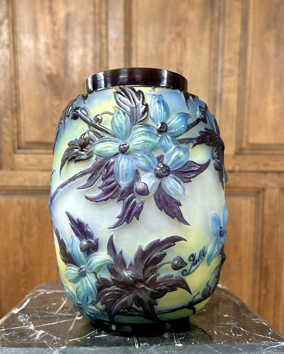 Emile Gallé - Rare Blown Molded Vase With Blue Clematis, Art Nouveau Glass Pate-photo-3