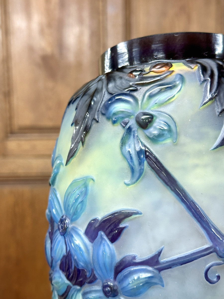 Emile Gallé - Rare Blown Molded Vase With Blue Clematis, Art Nouveau Glass Pate-photo-4
