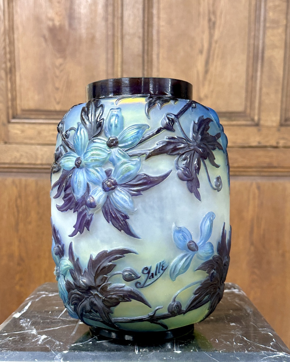 Emile Gallé - Rare Blown Molded Vase With Blue Clematis, Art Nouveau Glass Pate
