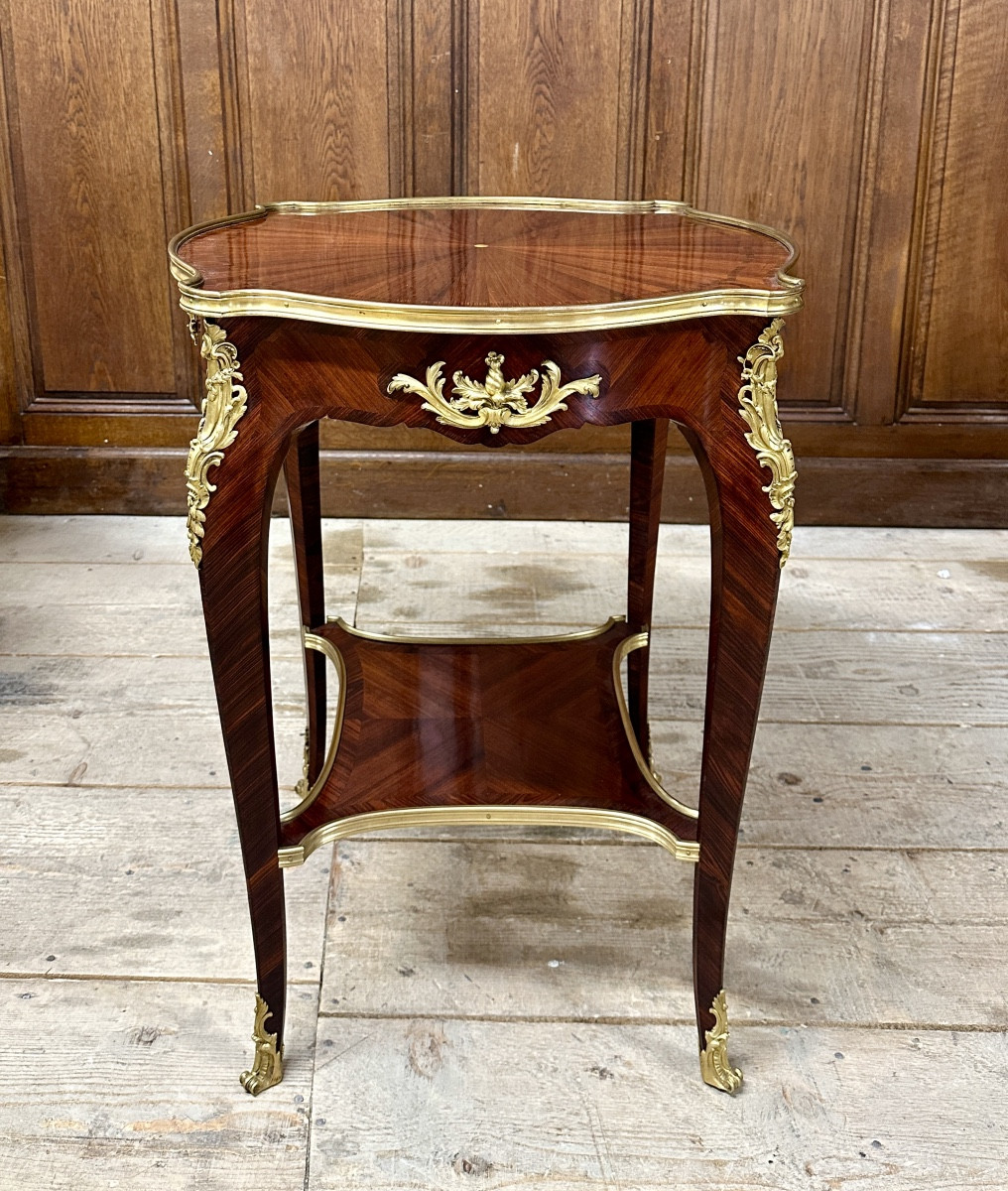 Guéridon en marqueterie d'époque Napoléon III. Style Louis XV -photo-2