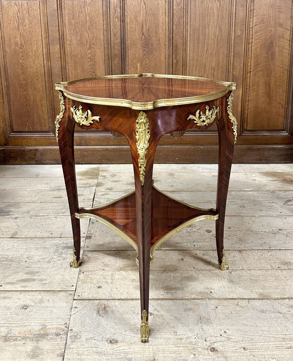 Guéridon en marqueterie d'époque Napoléon III. Style Louis XV -photo-3