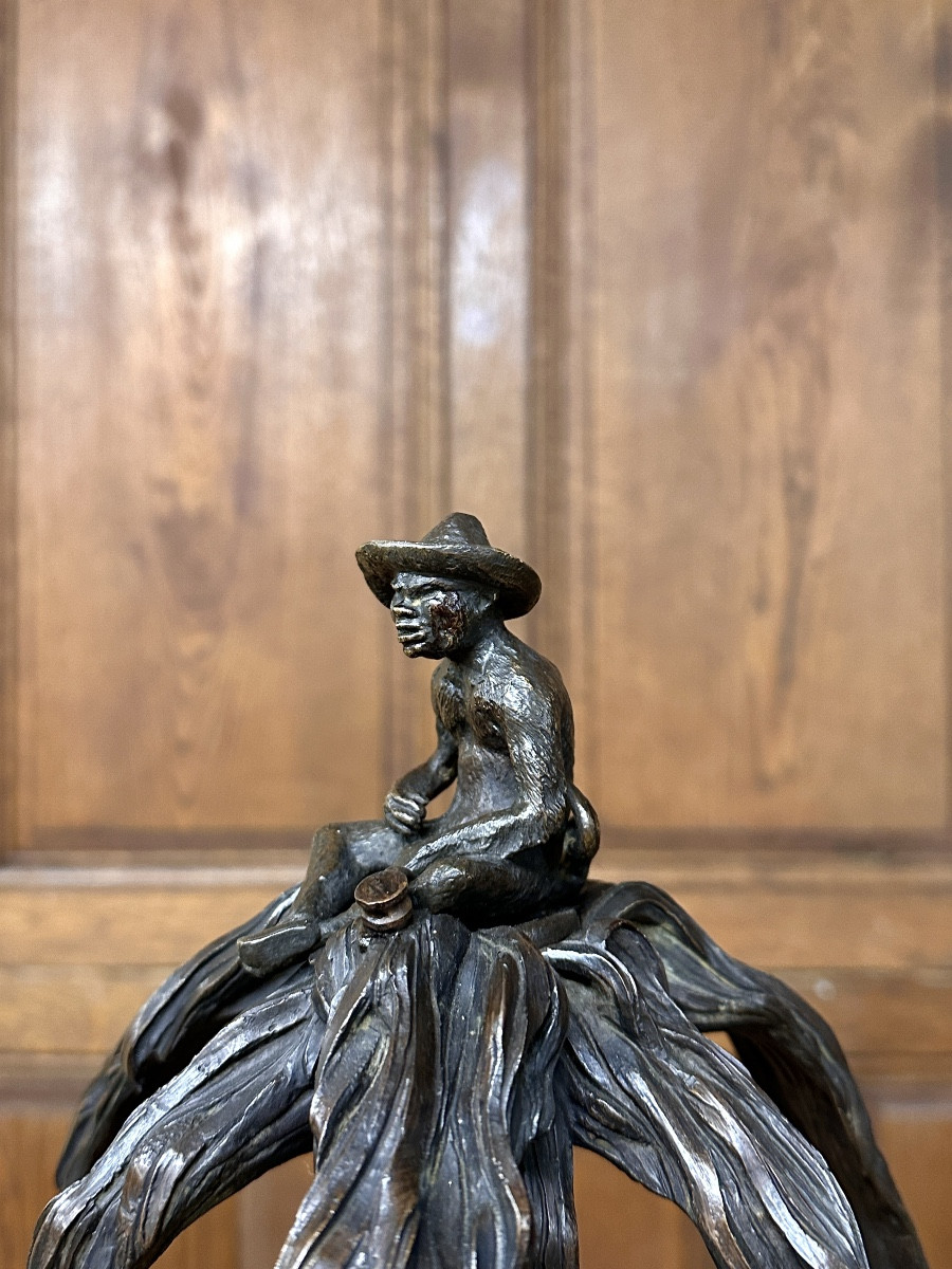 Christophe Fratin - Palmier porte-cigares, flambeau aux singeries en bronze Epoque Napoléon III-photo-3