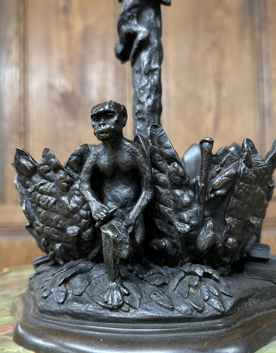 Christophe Fratin - Palmier porte-cigares, flambeau aux singeries en bronze Epoque Napoléon III-photo-4