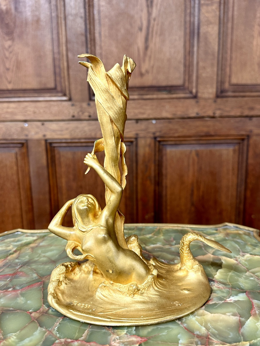 Victor Rossi - Pair Of Gilt Bronze Candlesticks With Mermaid Women, Art Nouveau-photo-3