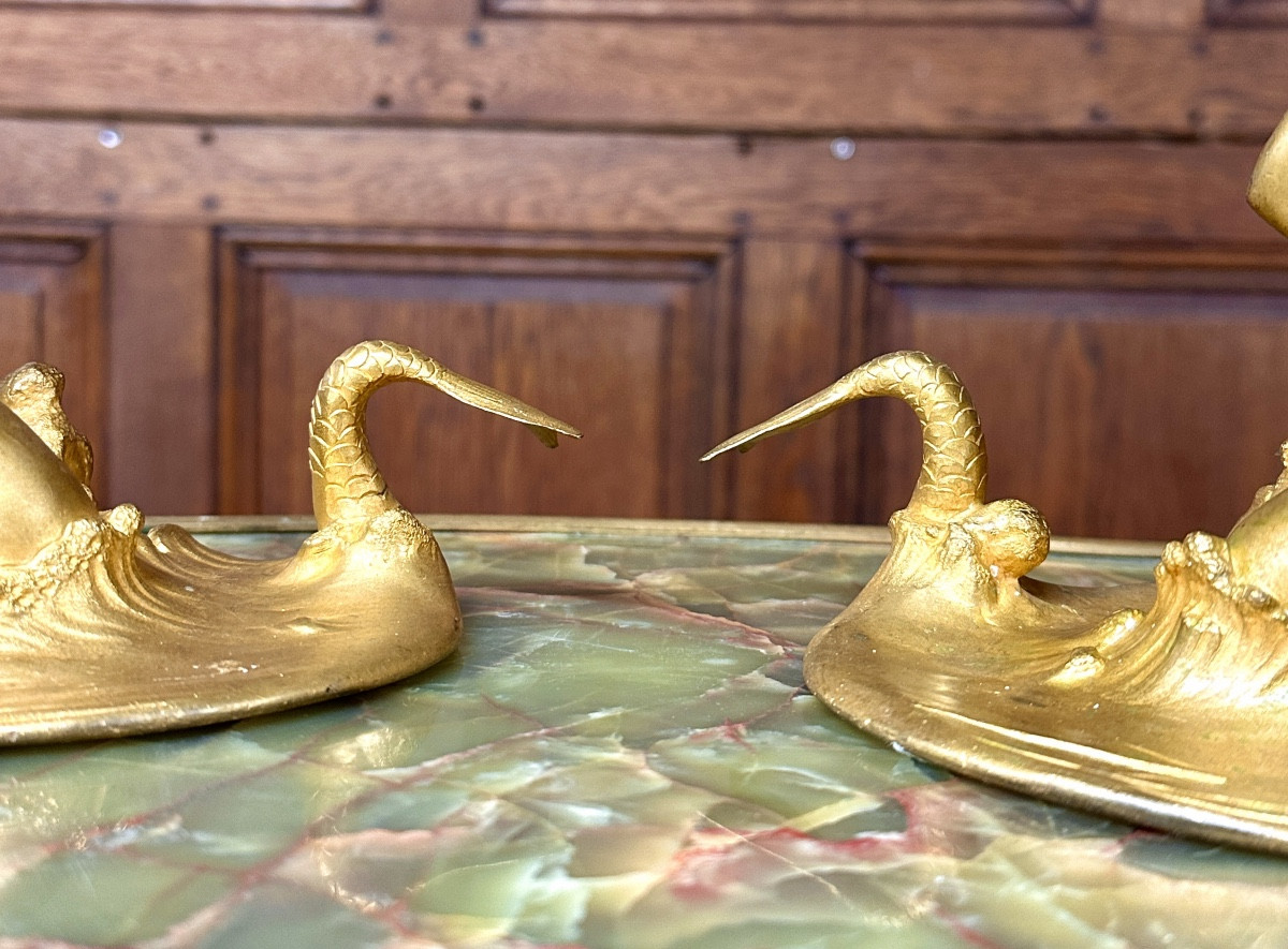 Victor Rossi - Pair Of Gilt Bronze Candlesticks With Mermaid Women, Art Nouveau-photo-3