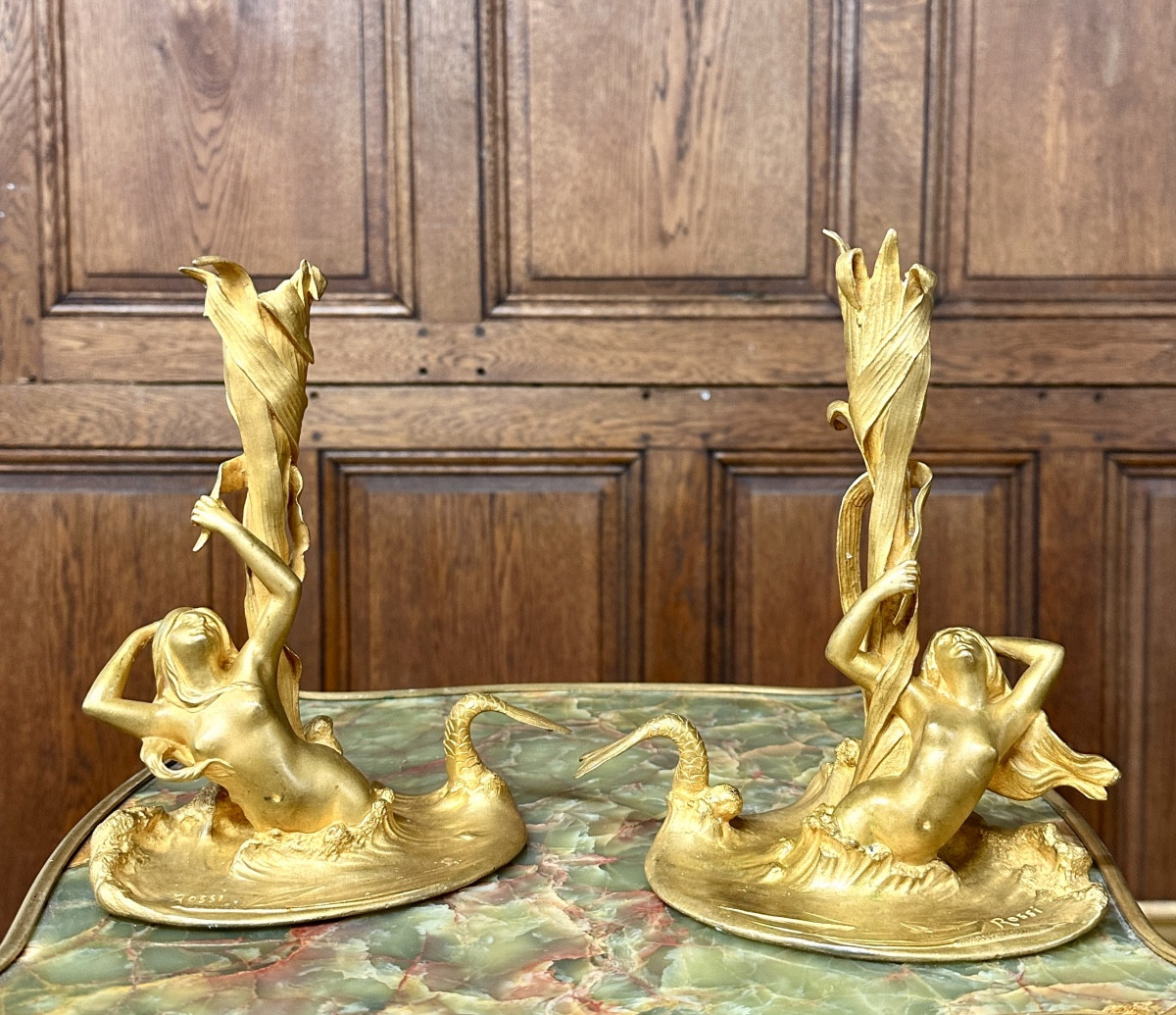 Victor Rossi - Pair Of Gilt Bronze Candlesticks With Mermaid Women, Art Nouveau