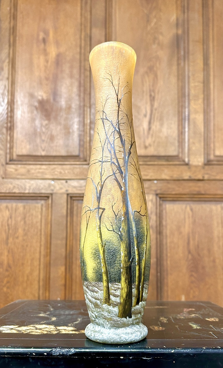 Daum Nancy - Important Vase With Snowy Landscape Decoration, Art Nouveau Period 