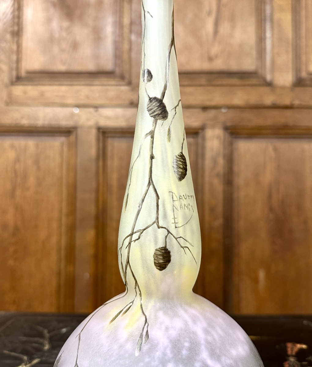 Daum Nancy - Large Soliflore Vase Decorated With Alder Branches And A Landscape. Art Nouveau -photo-4