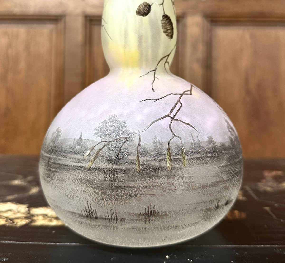 Daum Nancy - Large Soliflore Vase Decorated With Alder Branches And A Landscape. Art Nouveau -photo-1