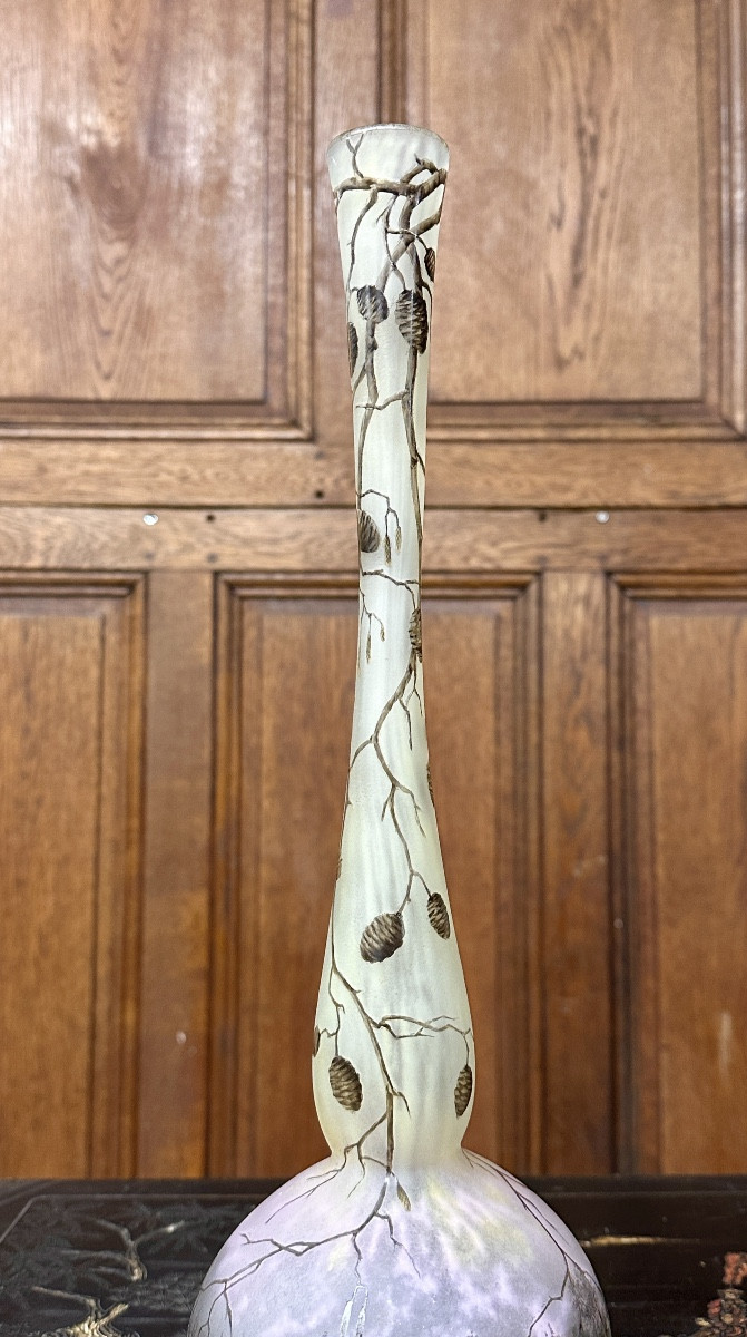 Daum Nancy - Large Soliflore Vase Decorated With Alder Branches And A Landscape. Art Nouveau -photo-5