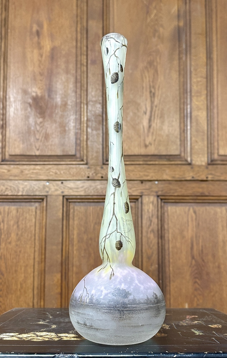 Daum Nancy - Large Soliflore Vase Decorated With Alder Branches And A Landscape. Art Nouveau 