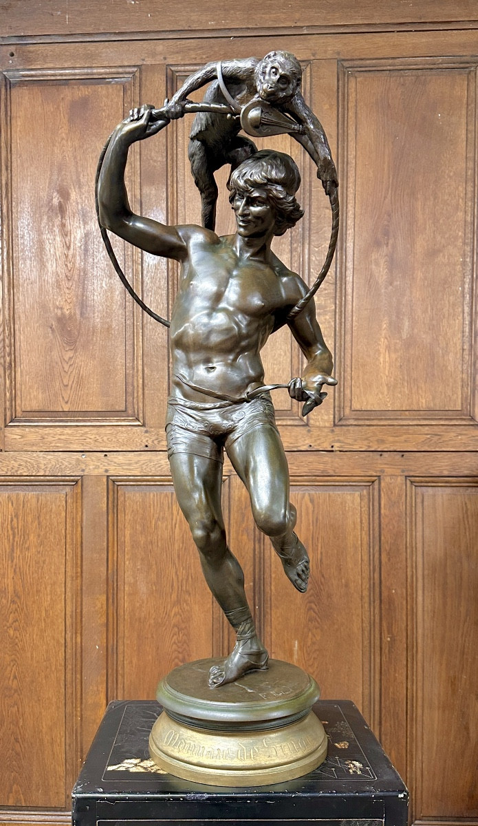 François Laurent Rolard - "Monnaie de singe", grand bronze d'homme de cirque au singe. XIXème