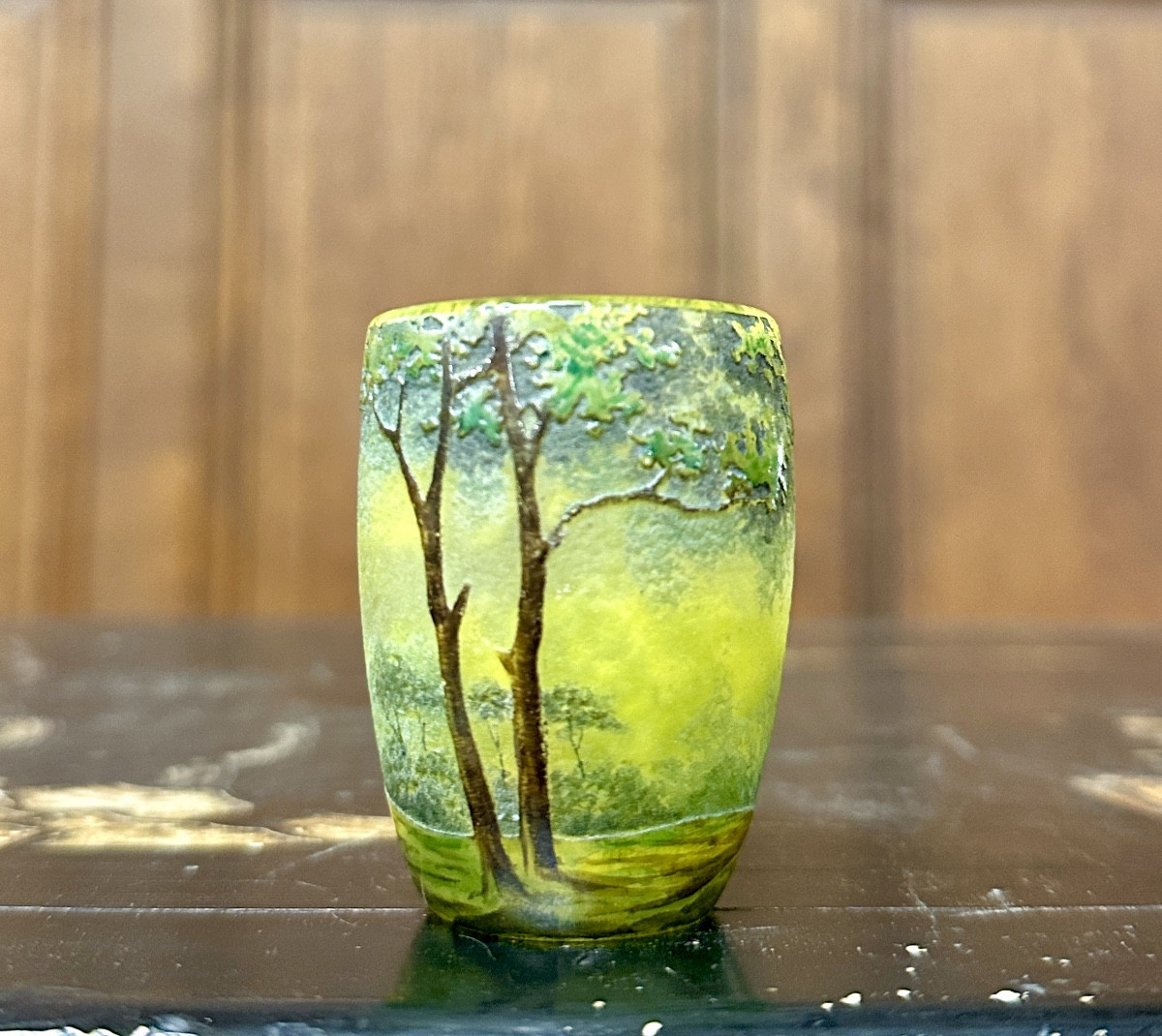 Daum Nancy - Miniature Vase With Forest Landscape Decoration. Art Nouveau Period