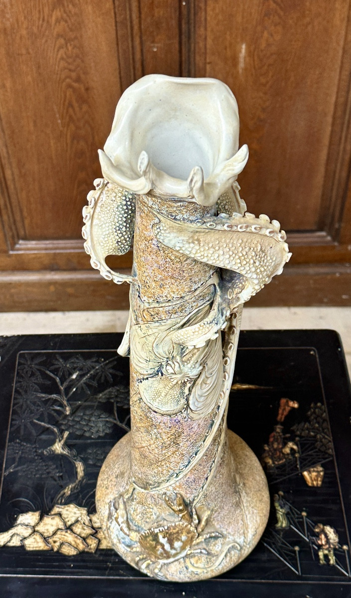 Eduard Stellmacher Pour Amphora, Rare Vase En Céramique a la pieuvre et au crabe. Art Nouveau-photo-3