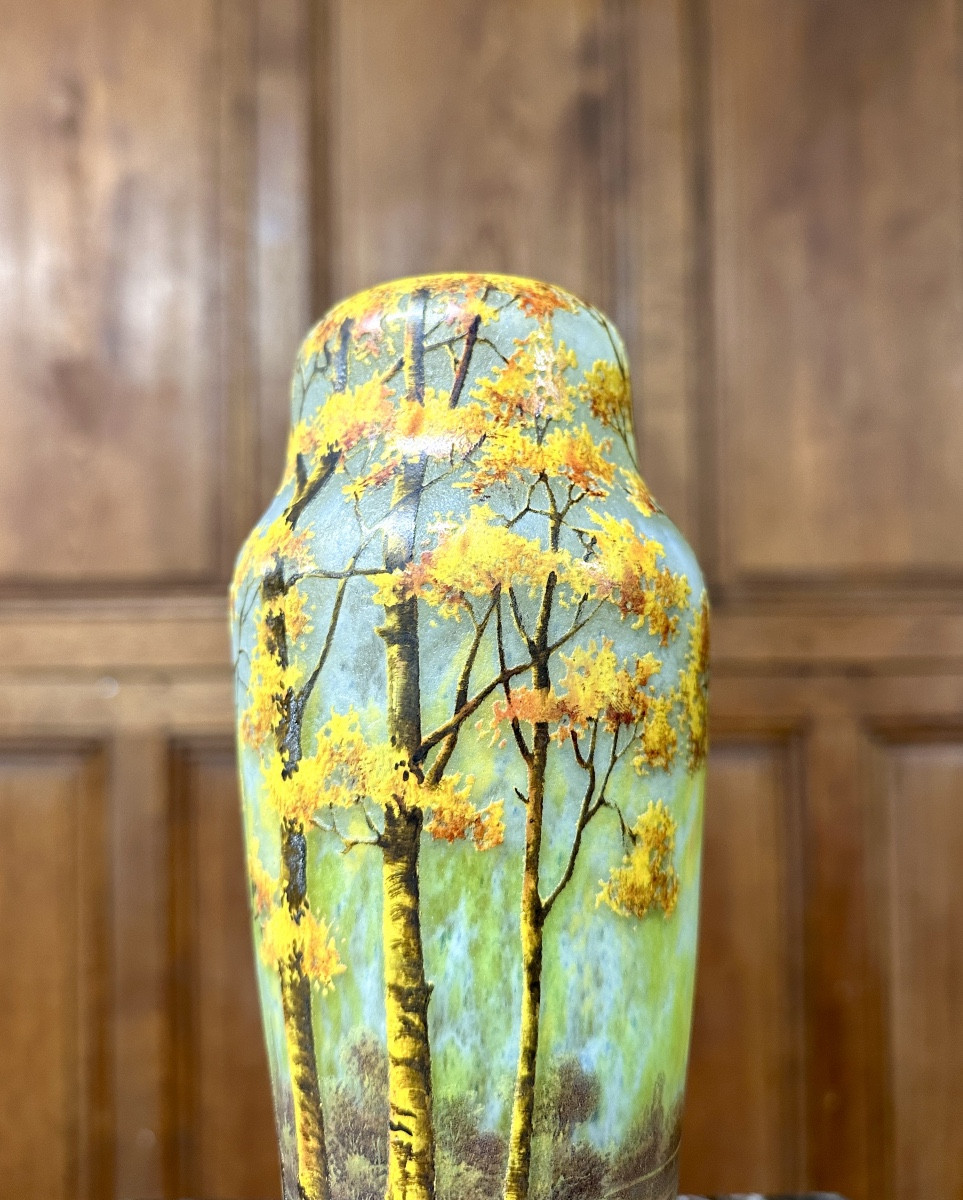 Daum Nancy - Rare Enamelled Glass Vase With Autumn Landscape Decoration, Art Nouveau -photo-2