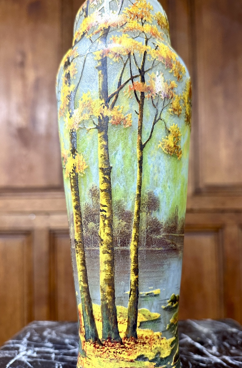 Daum Nancy - Rare Enamelled Glass Vase With Autumn Landscape Decoration, Art Nouveau -photo-3