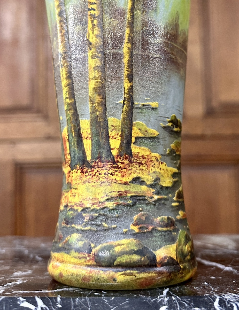 Daum Nancy - Rare Enamelled Glass Vase With Autumn Landscape Decoration, Art Nouveau -photo-4
