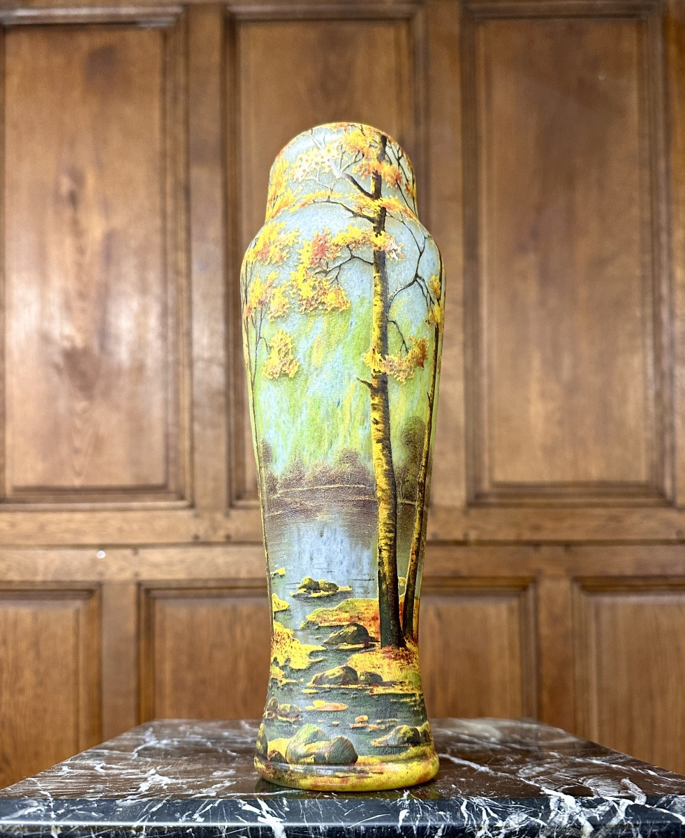 Daum Nancy - Rare Enamelled Glass Vase With Autumn Landscape Decoration, Art Nouveau -photo-1