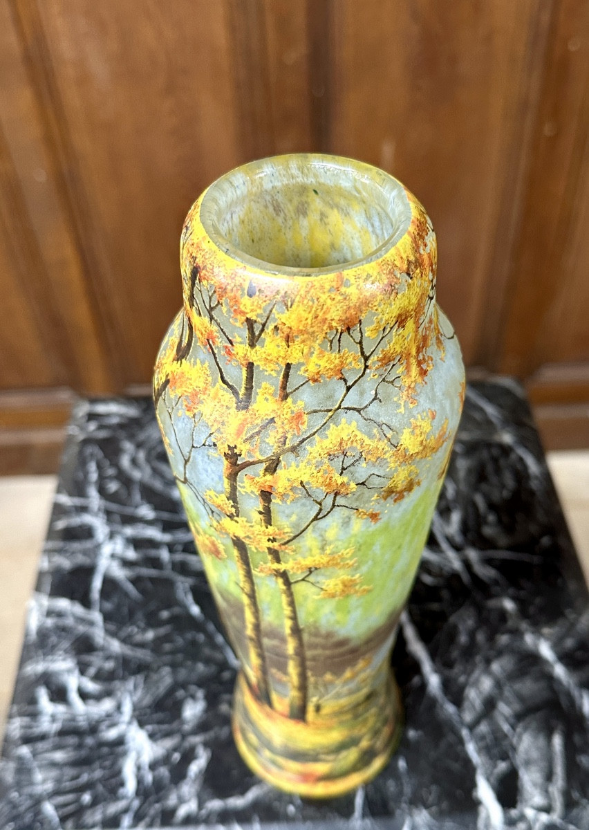 Daum Nancy - Rare Enamelled Glass Vase With Autumn Landscape Decoration, Art Nouveau -photo-2