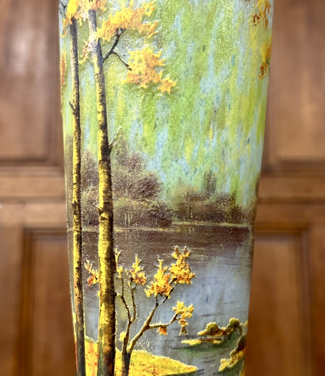Daum Nancy - Rare Enamelled Glass Vase With Autumn Landscape Decoration, Art Nouveau -photo-3