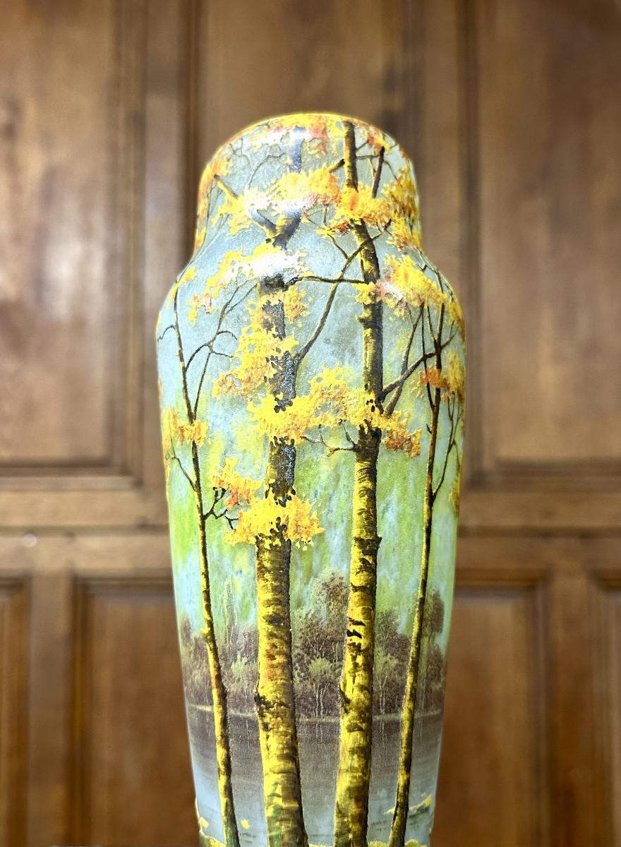 Daum Nancy - Rare Enamelled Glass Vase With Autumn Landscape Decoration, Art Nouveau -photo-4