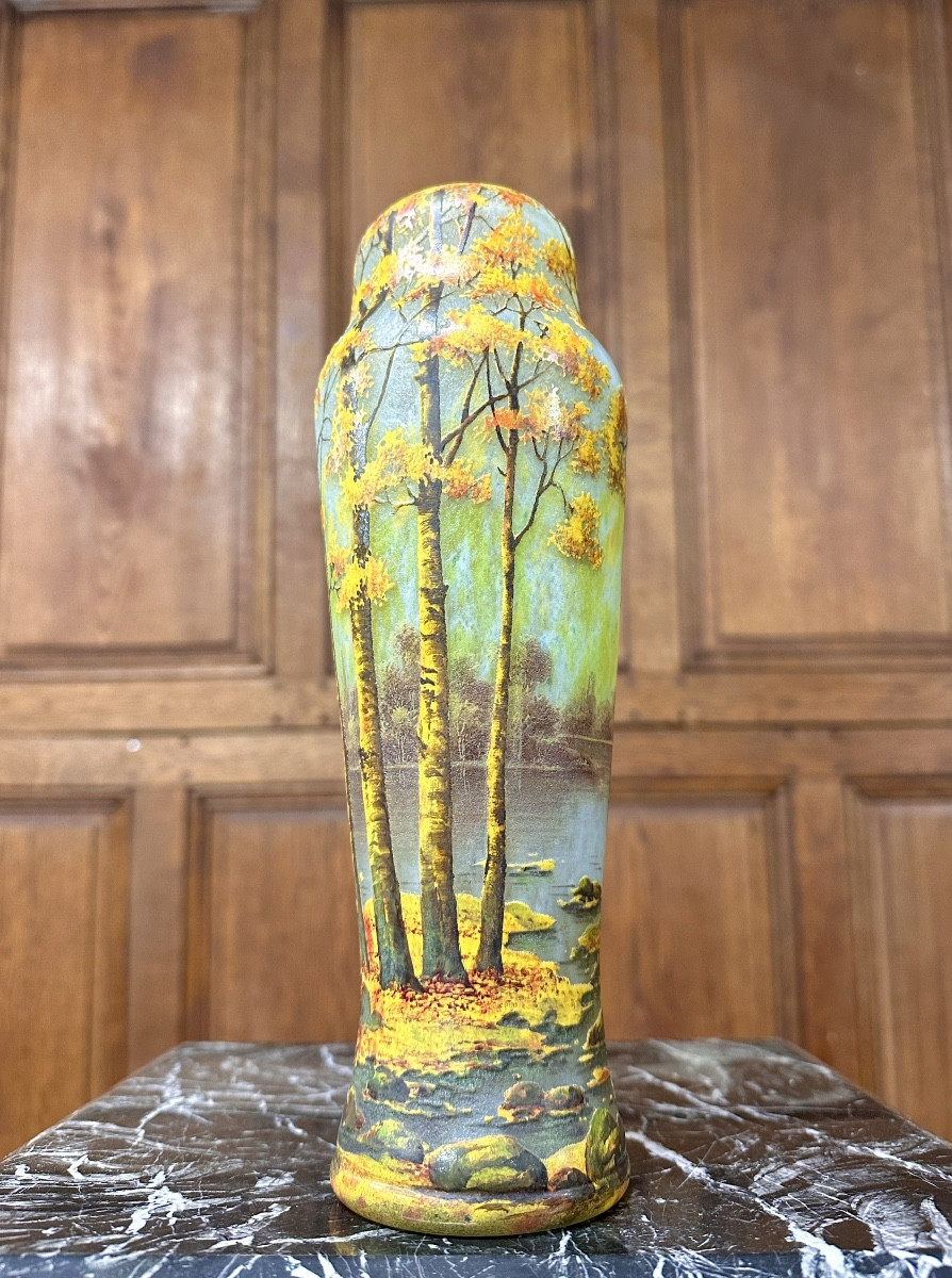 Daum Nancy - Rare Enamelled Glass Vase With Autumn Landscape Decoration, Art Nouveau 