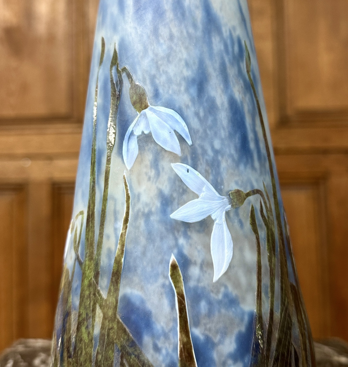 Daum Nancy - Rare Vase à Décor De perce-neige En Plaquettes Affleurantes. Art Nouveau-photo-4