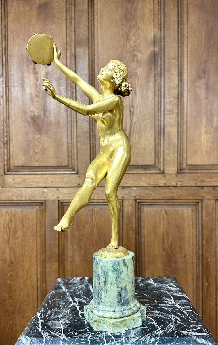 D. Simon -  Danseuse au tambourin, sculpture en bronze doré d'époque Art Déco, Statue 1920-photo-1
