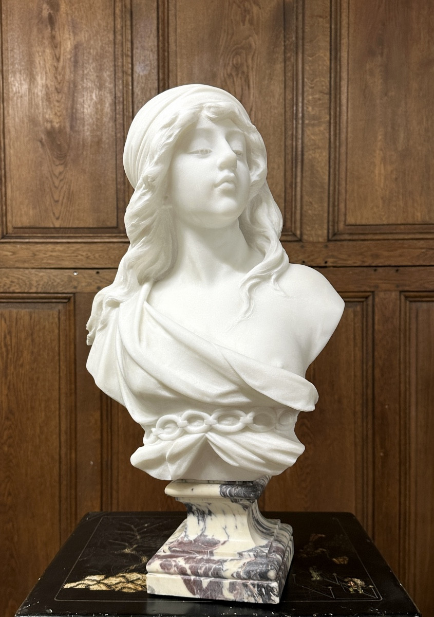 Adolfo Cipriani - Bust Of A Young Woman In White Carrara Marble, Art Nouveau