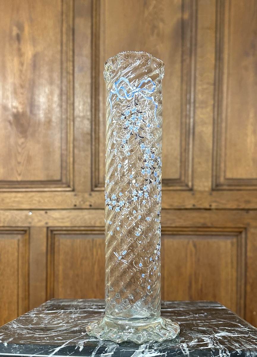 Cristallerie Emile Gallé  - Vase émaillé à décor de myosotis libelulles, époque Art Nouveau 