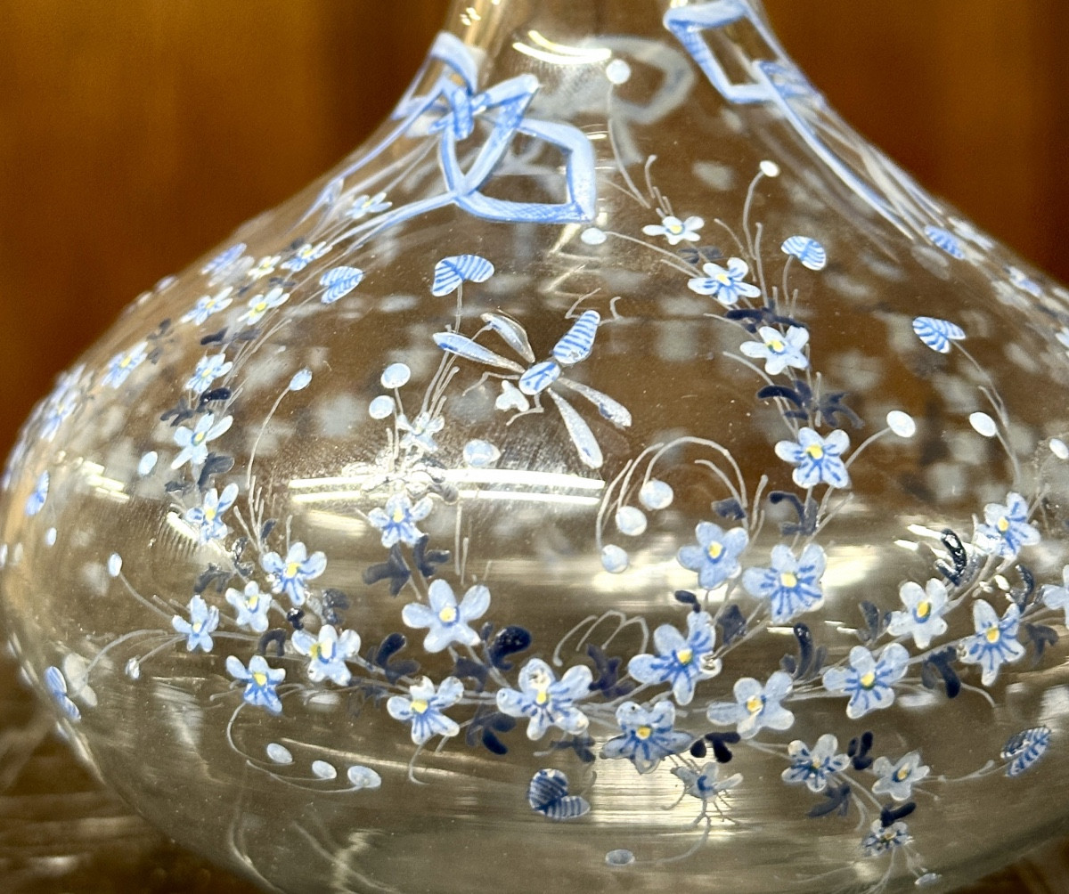 Cristallerie Emile Gallé, Vase émaillé à décor de myosotis et libellules, époque Art Nouveau-photo-2