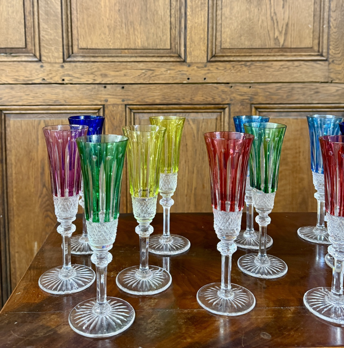 Saint-louis Tommy Pattern, Set Of Twelve Colored Crystal Champagne Flutes, Tommy Glasses  -photo-2