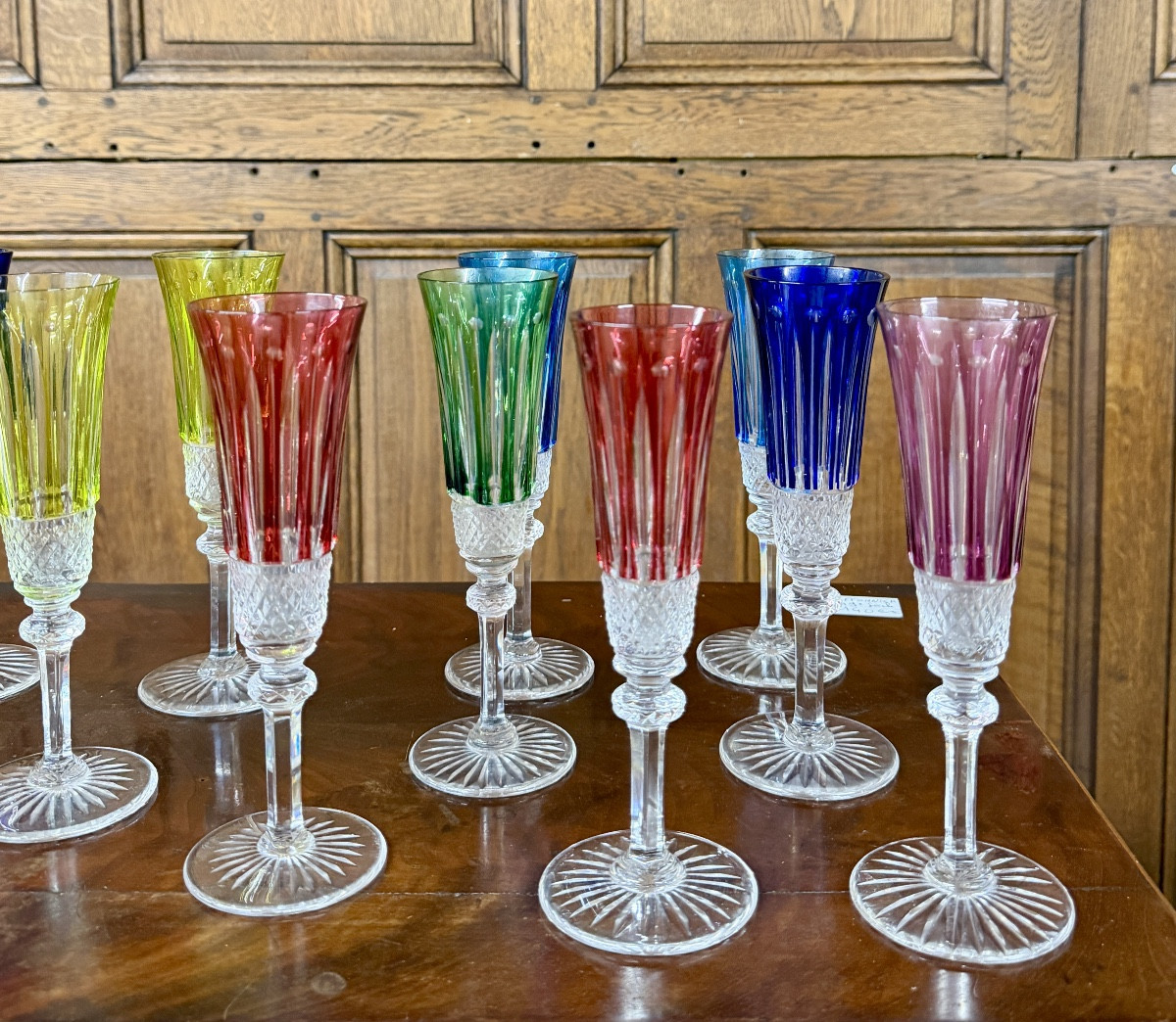 Saint-louis Tommy Pattern, Set Of Twelve Colored Crystal Champagne Flutes, Tommy Glasses  -photo-3