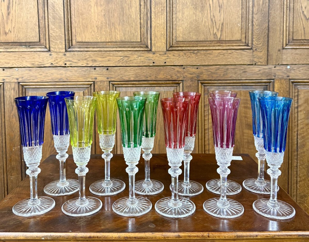 Saint-louis Tommy Pattern, Set Of Twelve Colored Crystal Champagne Flutes, Tommy Glasses  -photo-4