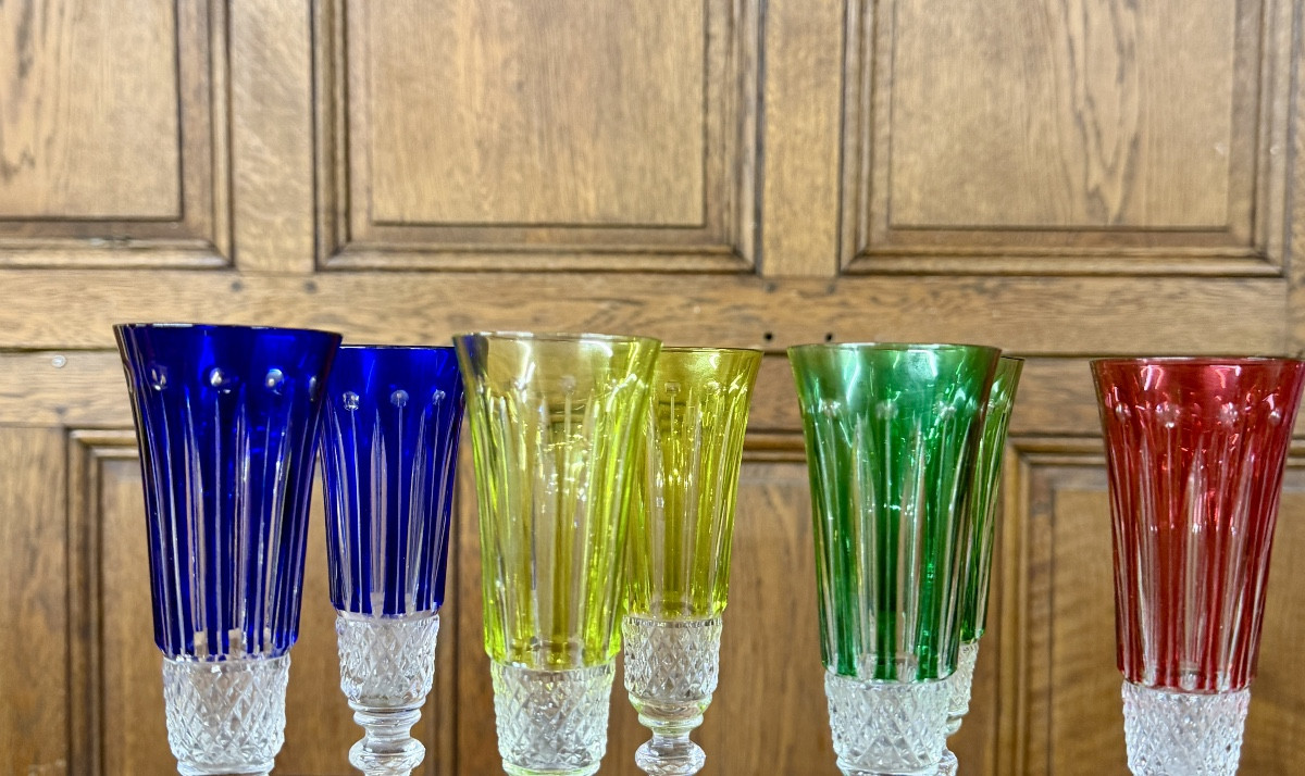 Saint-louis Tommy Pattern, Set Of Twelve Colored Crystal Champagne Flutes, Tommy Glasses  -photo-1
