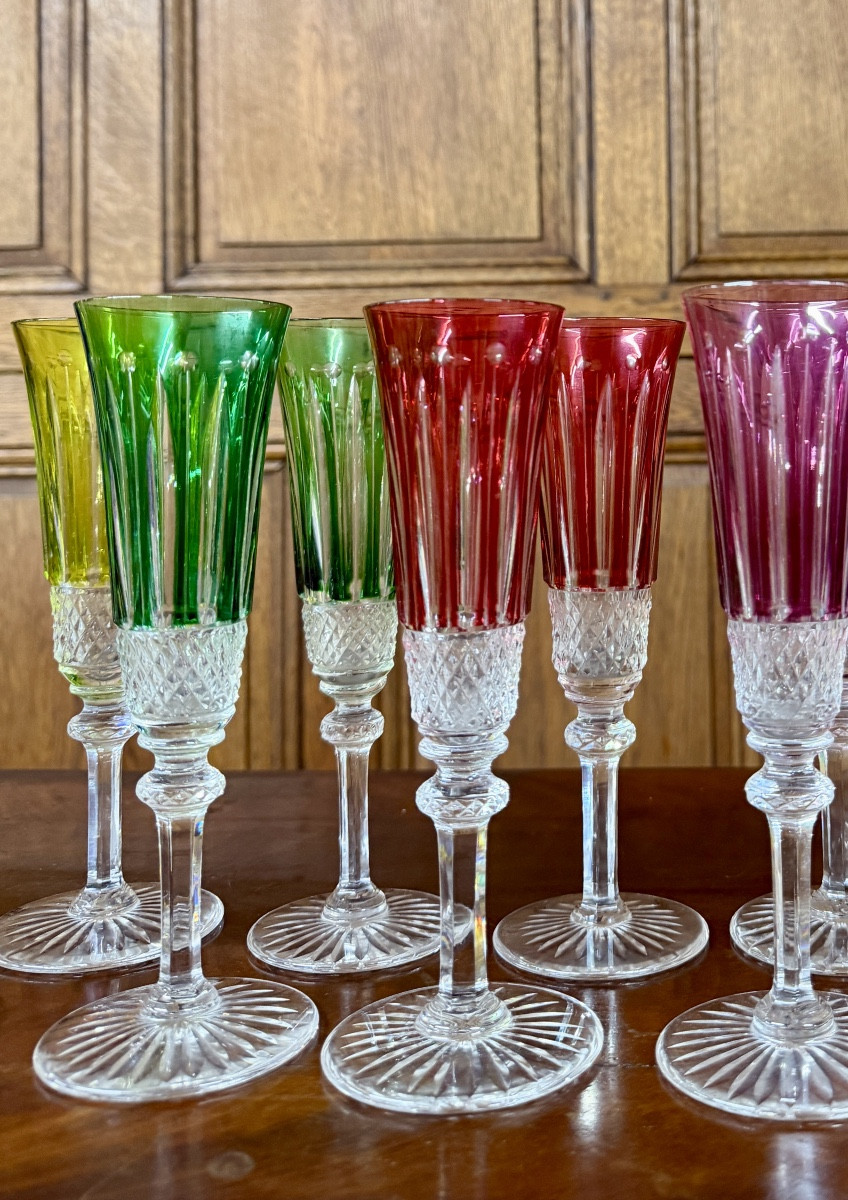 Saint-louis Tommy Pattern, Set Of Twelve Colored Crystal Champagne Flutes, Tommy Glasses  -photo-2