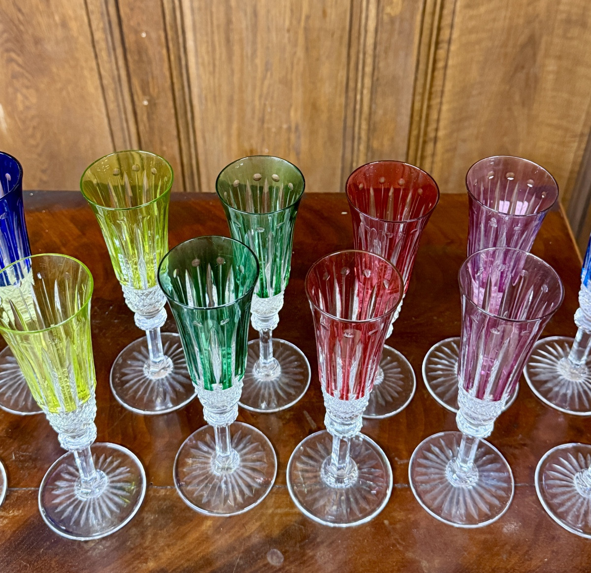 Saint-louis Tommy Pattern, Set Of Twelve Colored Crystal Champagne Flutes, Tommy Glasses  -photo-3