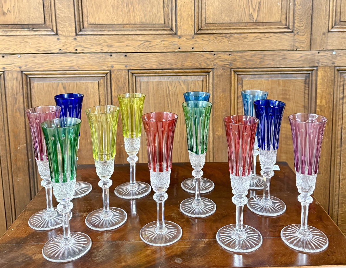 Saint-louis Tommy Pattern, Set Of Twelve Colored Crystal Champagne Flutes, Tommy Glasses  