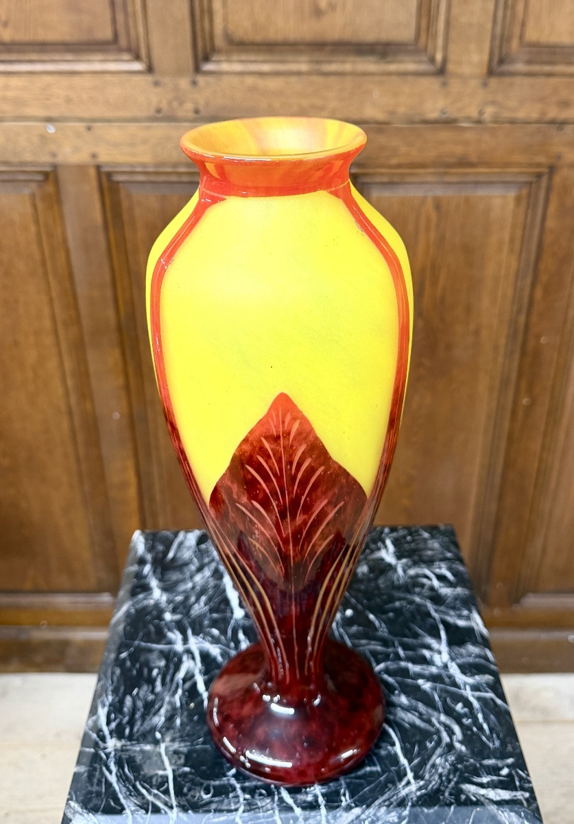 Charles Schneider For Le Verre Français, Charder, Art Deco Period Tobacco Leaf Vase-photo-3