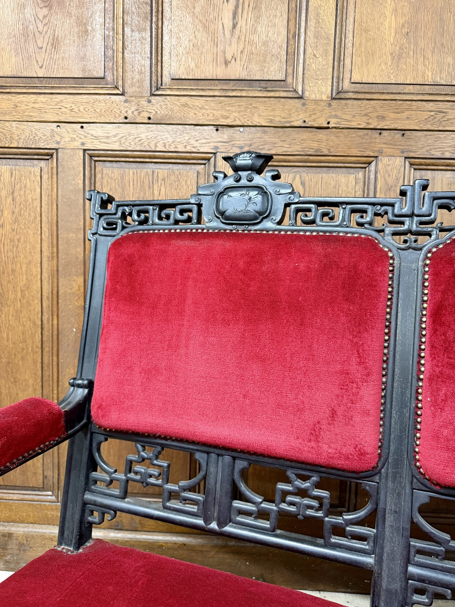 Large Japanese-style Sofa In Carved Wood And Red Velvet In The Style Of Viardot. Late 19th Century -photo-3