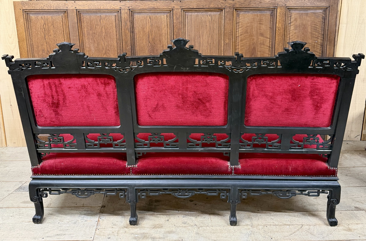 Large Japanese-style Sofa In Carved Wood And Red Velvet In The Style Of Viardot. Late 19th Century -photo-5