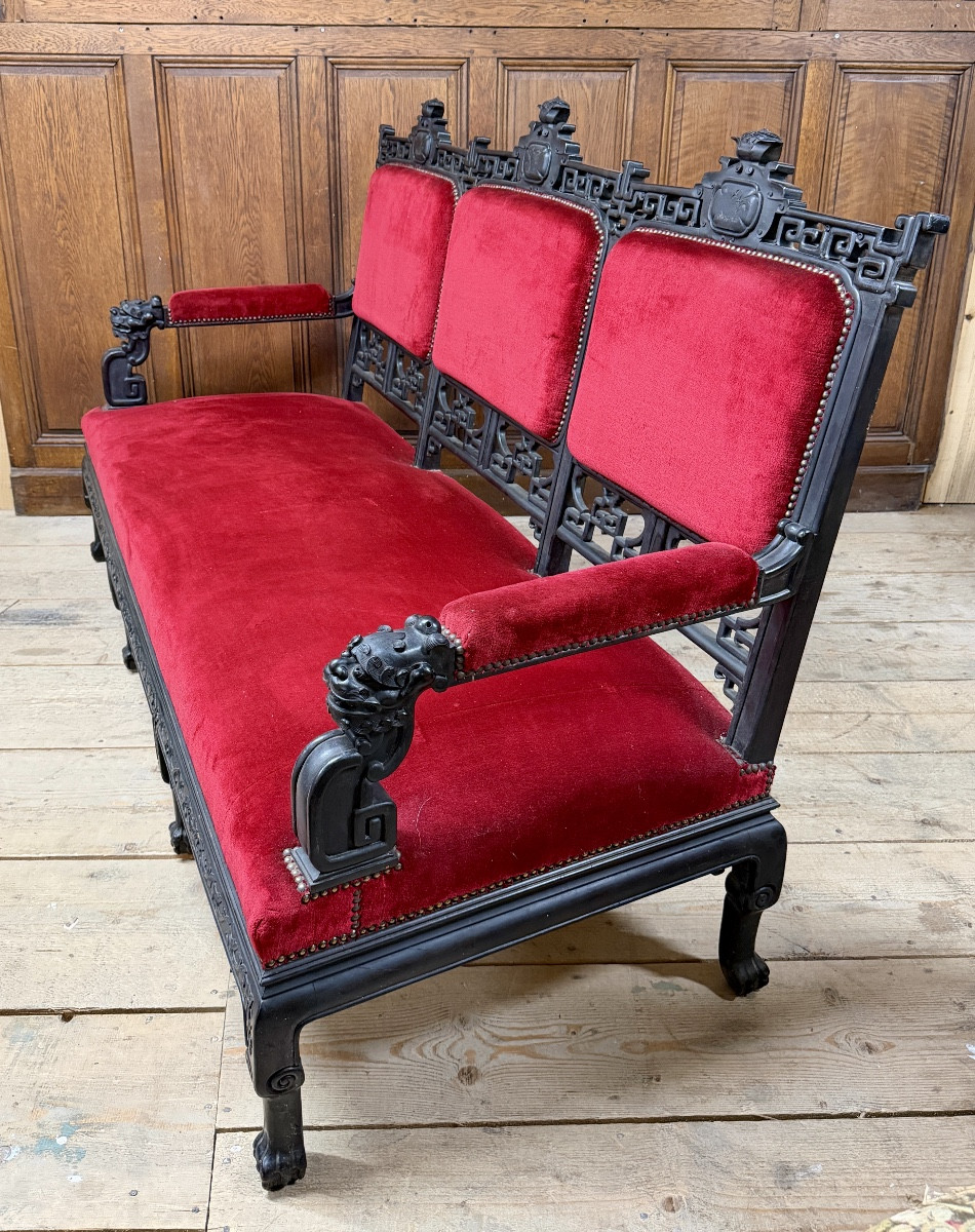 Large Japanese-style Sofa In Carved Wood And Red Velvet In The Style Of Viardot. Late 19th Century -photo-6