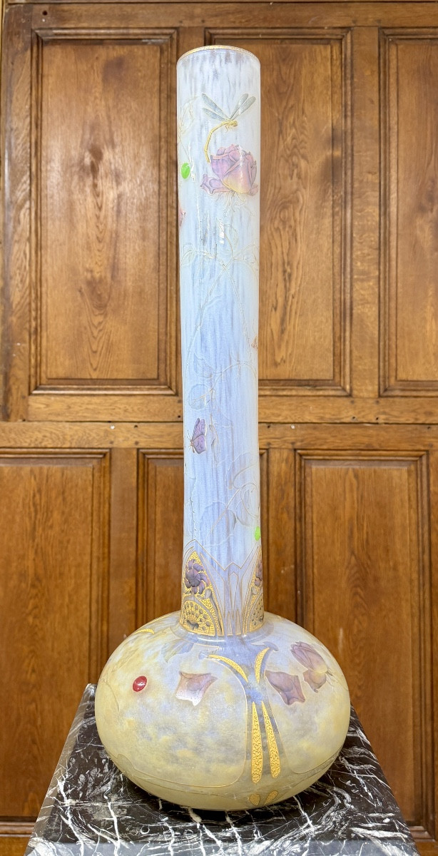 Daum Nancy - Important et rare vase roses, papillons et libellules aux cabochons, Art Nouveau-photo-2
