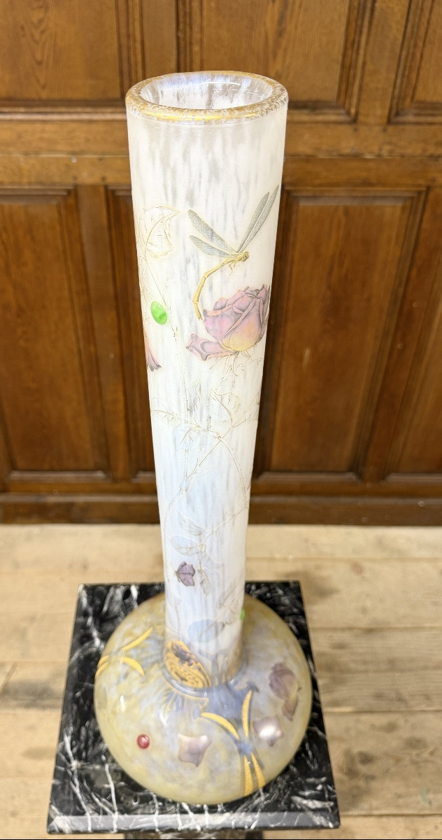 Daum Nancy - Important et rare vase roses, papillons et libellules aux cabochons, Art Nouveau-photo-3