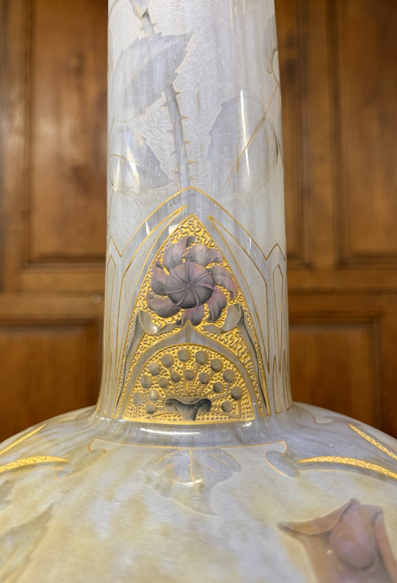Daum Nancy - Important et rare vase roses, papillons et libellules aux cabochons, Art Nouveau-photo-5