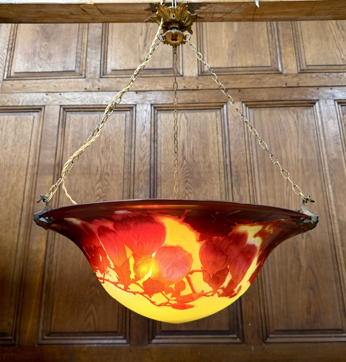 Emile Gallé - grand Plafonnier ou vasque à Décor de magnolias, lustre époque Art Nouveau -photo-2