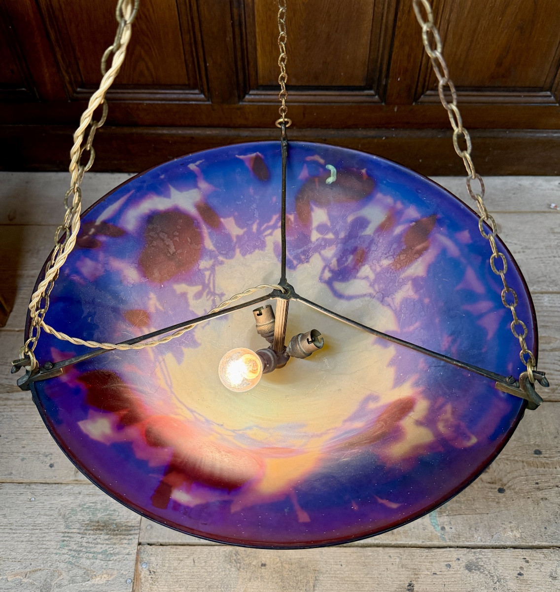 Emile Gallé - grand Plafonnier ou vasque à Décor de magnolias, lustre époque Art Nouveau -photo-2